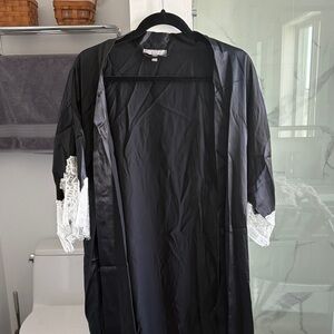 Neiman Marcus Black Silk Robe with White Lace Detail